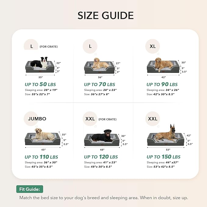 Casa Paw Orthopedic Dog Beds for Extra Large Sized Dogs, Waterproof Memory Foam XL Pet Bed with Sides 42x30Inch, Non-Slip and Egg-Crate Foam Big Dog Couch Bed with Removable Washable Cover, Dark Grey