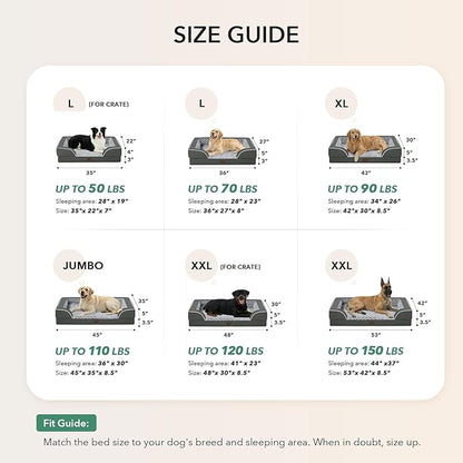 Casa Paw Orthopedic Dog Beds for Extra Large Sized Dogs, Waterproof Memory Foam XL Pet Bed with Sides 42x30Inch, Non-Slip and Egg-Crate Foam Big Dog Couch Bed with Removable Washable Cover, Dark Grey