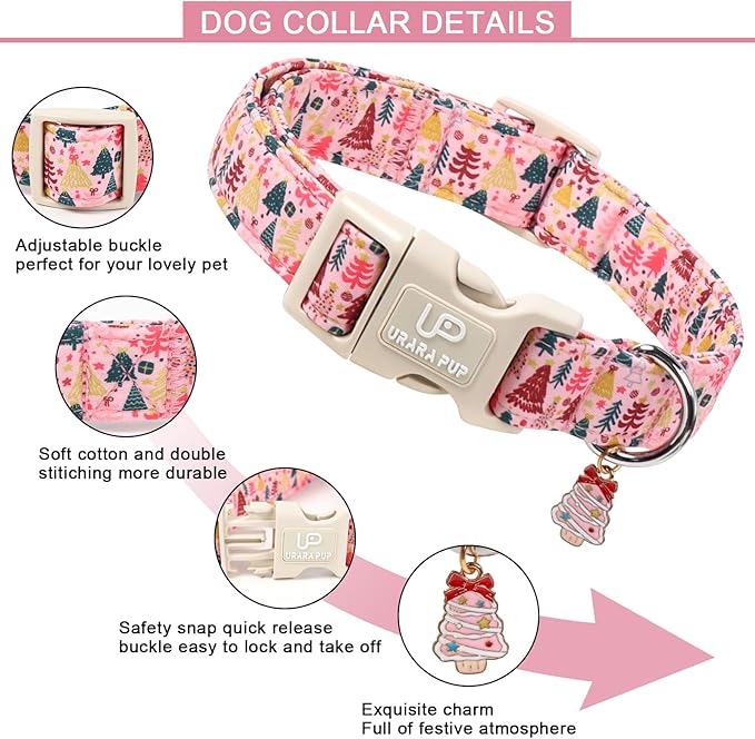 Christmas Dog Collar, Pink Christmas Tree for Dogs, Adjustable Pet Collar with Cute Xmas Tree Pendant, Festive Winter Dog Accessories for Small Medium Large Dogs S