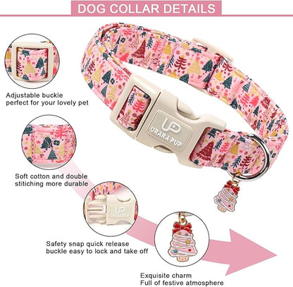 Christmas Dog Collar, Pink Christmas Tree for Dogs, Adjustable Pet Collar with Cute Xmas Tree Pendant, Festive Winter Dog Accessories for Small Medium Large Dogs S
