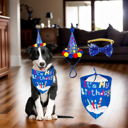 Pet Birthday Party Set,Dogs Bandana and Dog Birthday Hat with Star Pattern Design, Adjustable Sequin Bow tie Accessories, Blue Birthday Boy Scarf (Dark Blue)