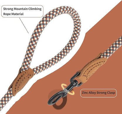 Mile High Life Rope Leash with Genuine Leather Connection, 6 FT/5 FT/4 FT, Heavy Duty Leash for Medium & Large Dogs (Brown, 72 Inch)