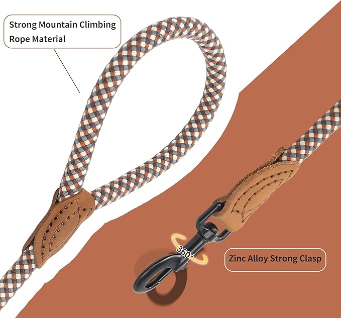 Mile High Life Rope Leash with Genuine Leather Connection, 6 FT/5 FT/4 FT, Heavy Duty Leash for Medium & Large Dogs (Brown, 48 Inch)
