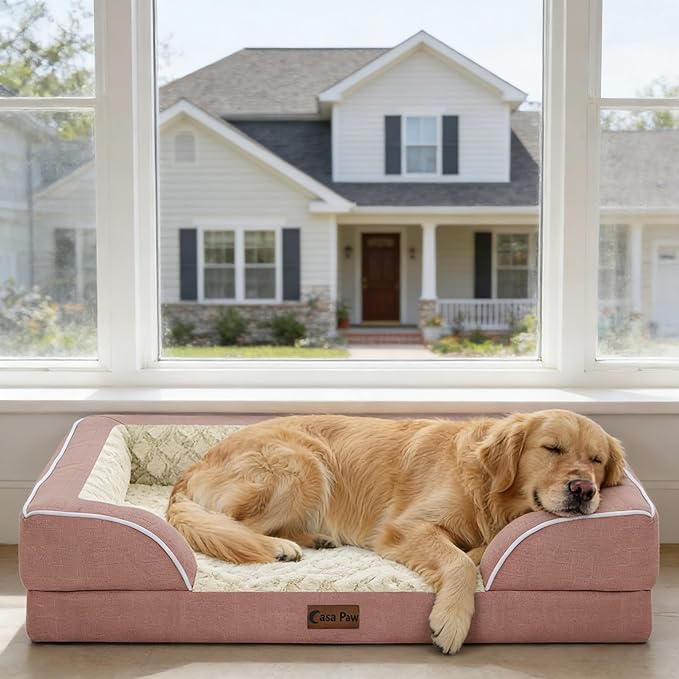 Casa Paw Orthopedic Dog Beds for Extra Large Sized Dogs, Waterproof Memory Foam XL Pet Bed with Sides 42x30Inch, Non-Slip and Egg-Crate Foam Big Dog Couch Bed with Removable Washable Cover, Pink