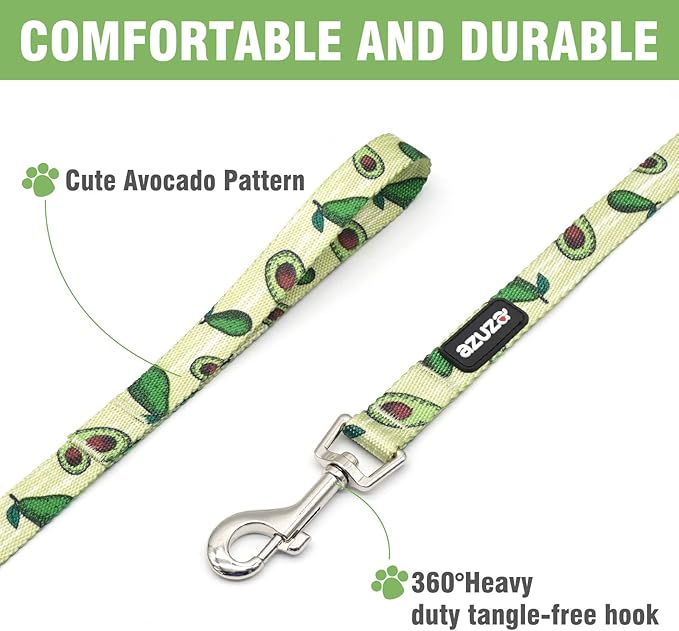 azuza Dog Collar and Leash Set, Fun Avocado Patterns on Nylon Collar and Matching Leash, Great Option for Large Dogs