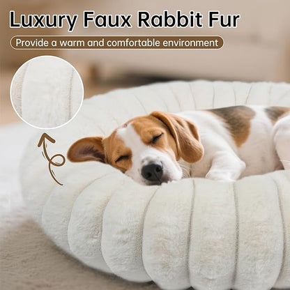 Vhen When Donut Dog and Cat Bed, Luxurious Comfortable Faux Rabbit Fur Pet Beds, Soft Anti-Anxiety Calming Puppy Kitten Bed with Anti-Slip Bottom for Small Dogs & Cats(20", White)