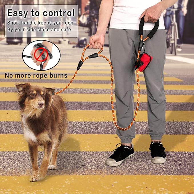 PLUTUS PET Rope Dog Leash 6ft Long,Traffic Padded Two Handle,Heavy Duty,Reflective Double Handles Lead for Control Safety Training,Leashes for Large Dogs or Medium Dogs,Dual Handles Leads(Orange)
