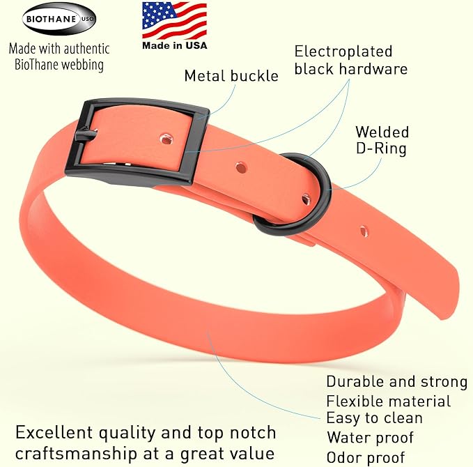 Dogline Biothane Waterproof Dog Collar Strong Coated Nylon Webbing with Black Hardware Odor- Proof for Easy Care Easy to Clean High Performance Fits Small Medium or Large Dogs, Coral
