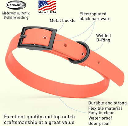 Dogline Biothane Waterproof Dog Collar Strong Coated Nylon Webbing with Black Hardware Odor- Proof for Easy Care Easy to Clean High Performance Fits Small Medium or Large Dogs, Coral