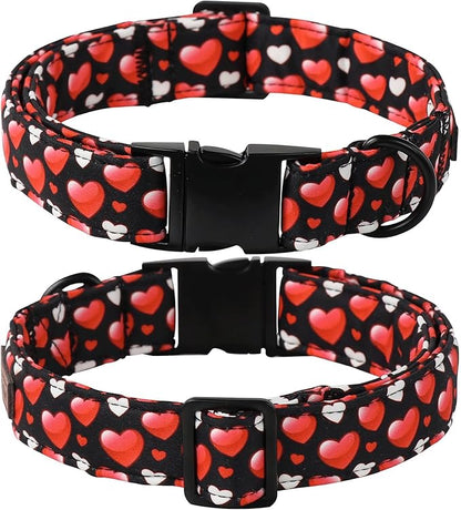 Lionet Paws Valentine's White Dog Collar, Cute Heart Black Dog Collar for Small Dogs, Adjustable Cotton Love Pet Puppy Collars for Small Dogs