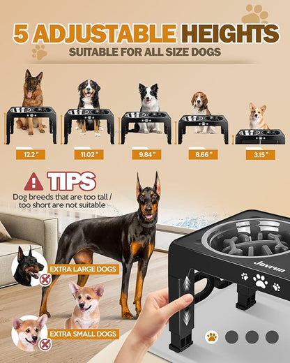 Elevated Dog Bowls, Dog Feeder with 1*Stainless Steel Dishes & 1*Slow Feeder Bowl, 5 Heights Adjustable Raised Stand for Medium Large, Food Dishes with Non-Slip Feet