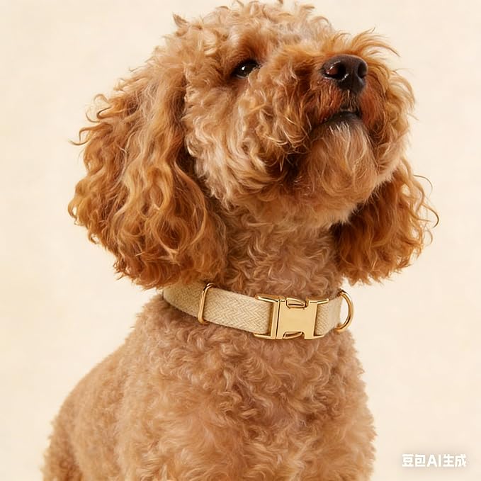 Ewinoom Soft Hemp Dog Collar and Leash Set Adjustable Woven Tweed Dog Collars with Metal Buckle and Lead for Small Medium Large Dogs,Beige