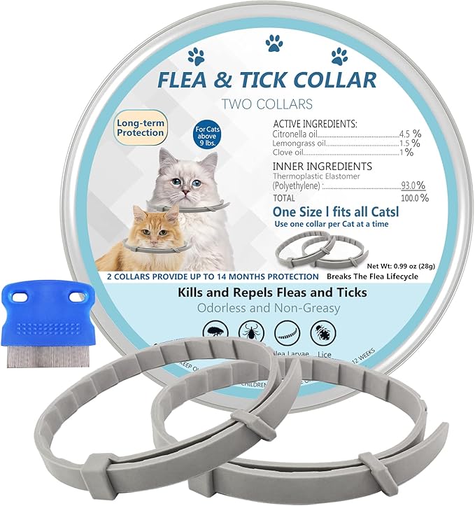 Flea and Tick Collar for Cats, 2 Pack Flea Collar for Cats, Offers 12 Months Protection, Waterproof, Adjustable, One Size Fits All Cat