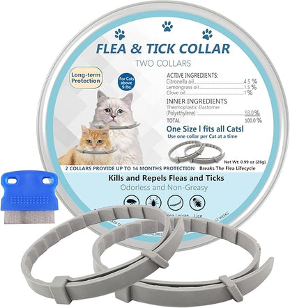 Flea and Tick Collar for Cats, 2 Pack Flea Collar for Cats, Offers 12 Months Protection, Waterproof, Adjustable, One Size Fits All Cat