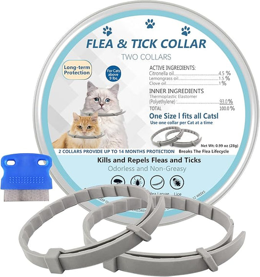 Flea and Tick Collar for Cats, 2 Pack Flea Collar for Cats, Offers 12 Months Protection, Waterproof, Adjustable, One Size Fits All Cat
