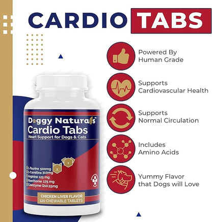 Cardio Tabs Heart Support Supplement for Dogs - Aids Cardio Support and Cardio Strength Supplement for Dog, L-Taurine, L-Carnitine, Hawthorn, L Arginine, Coenzyme Q10 - Made in USA - 120 Tablet