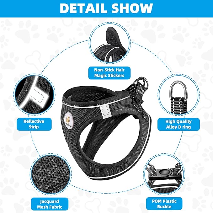 Hipubby Dog Harness and Leash Set, No Pull Soft Mesh Puppy Harness for Small Medium Dogs, Cats - Step in Reflective Breathable Lightweight Vest Harness for Walking, Training - Black, XXS