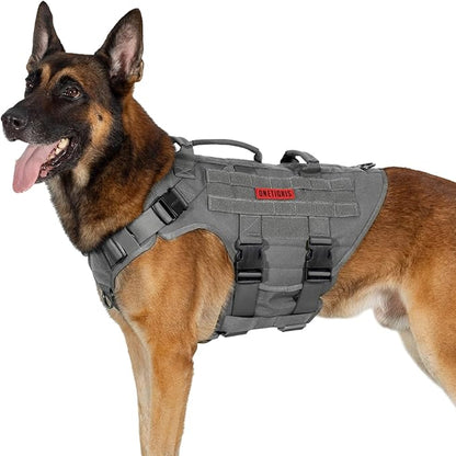 OneTigris Large Tactical Dog Harness, No Pulling Adjustable Dog Vest Harness, Heavy Duty Dog Harness with Handle, Large Hook and Loop Panels for Patch Grey