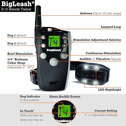 DogWatch S-15 No Shock Dog Training Collar with Remote 1/2 Mile Range - Dog Collar Beep and Vibration, Waterproof & Rechargeable Collar for Small Medium Large Dogs