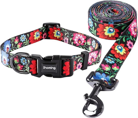 Ihoming Dog Collar and Leash Set for Daily Outdoor Walking Running Training, Black Colorful Flowers Design for Small Boys Girls Dogs Cats Pets, S-Up to 20LBS