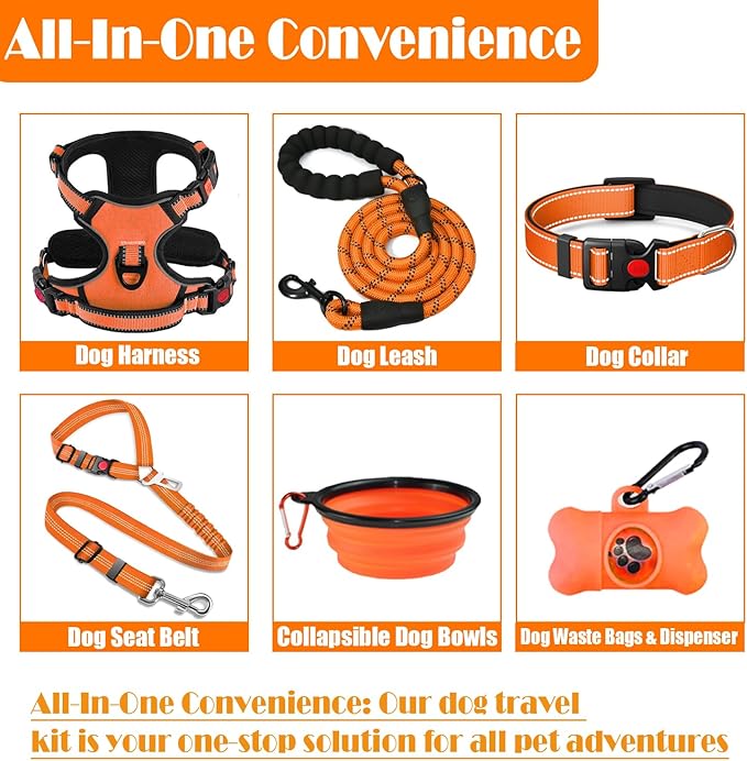 LOBEVE No Pull Dog Harness, Collar & Leash Set | Includes Dog Seat Belt, Collapsible Bowls & Poop Bag Dispenser. Ideal for Training, Walking, Hiking. Fits Small to Large Dogs(Orange-S)
