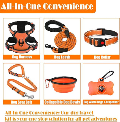 LOBEVE No Pull Dog Harness, Collar & Leash Set | Includes Dog Seat Belt, Collapsible Bowls & Poop Bag Dispenser. Ideal for Training, Walking, Hiking. Fits Small to Large Dogs(Orange-M)