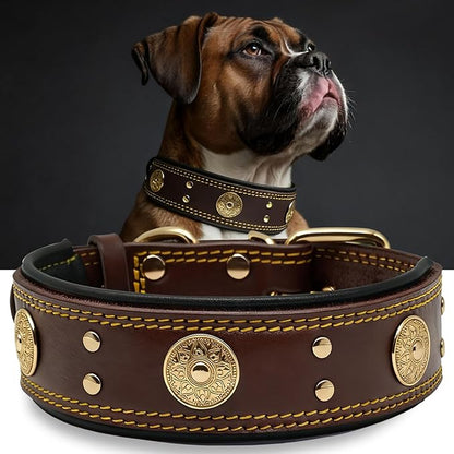 Leather Dog Collar, 2 inches Wide Heavy Duty Genuine Leather Collars, Handmade, Soft, and Luxury, Eye-catching Best Choice for Large and Medium Breed Dogs,Brown-Gold 18.5-22.5 in