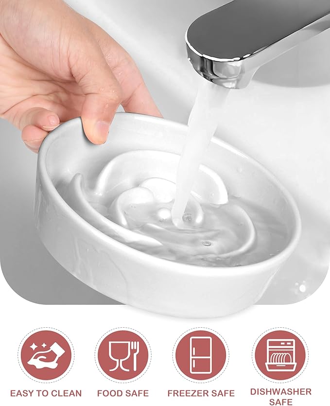 TRUVIC Ceramic Slow Feeder Dog Bowls Small Breed, 0.6 Cup Slow Feeder Cat Bowls for Fast Eaters, Ceramic Dog Food Dish no Black Chin, Puzzle Bowl for Small Dogs and Cats, White