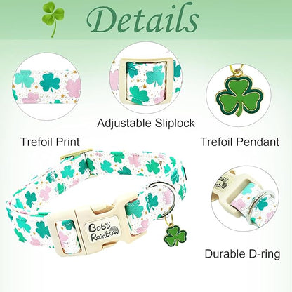St Patrick's Day Dog Collar-Adjustable Cute Trefoil Pet Collars Cotton Clovers Holiday Puppy Collar Green Spring Necklace Gift for Large Dogs