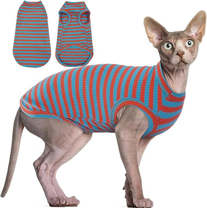 BRKURLEG Hairless Cats T Shirt, Cat Sweaters, Pullover Kitten Shirts, Sleeveless Round Collar Cotton Vest for Cornish Rex Devon Rex Peterbald and Small Dogs Sweater(OrangeBlue Stripes, XL)
