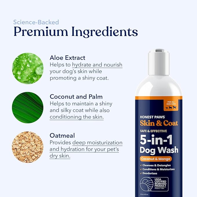 Honest Paws Dog Shampoo and Conditioner - Premium Dog Wash for Allergies and Dry, Itchy, Moisturizing for Sensitive Skin - Sulfate Free, Plant Based, All Natural - Coconut & Mango -16 Fl Oz