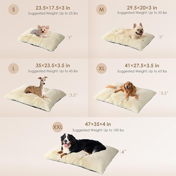 EHEYCIGA Fluffy Dog Crate Bed for Small Dogs, Plush Faux Fur Crate Pad, Calming Anti Anxiety Small Dog Bed, Washable Soft Warm Mat with Non-Slip Bottom, Ivory Beige