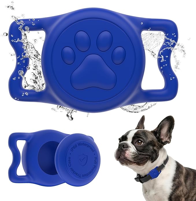WhoseID IP68 Waterpoof Dog Tag Holder, Stretchy Silicone Full Body Covered tag Holder for Dog Cat Collar Fit All Width Collar (Blue1, 1 Pack)