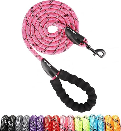 Rttochfy Rope Dog Leash 2/4/5/6/8/10 FT with Comfortable Padded Handle and Highly Reflective Threads for Small Medium and Large Dogs Heavy Duty (1/2"-4 FT, Pink)