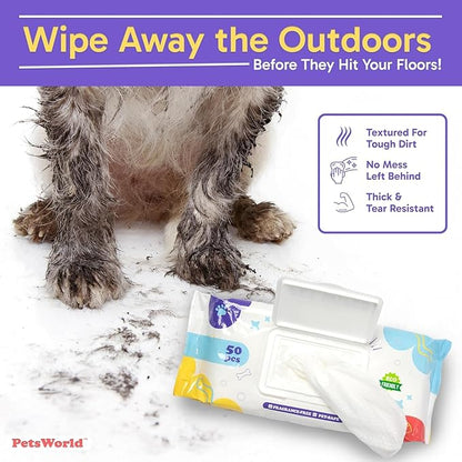 PETSWORLD Pet Wipes for Dogs & Cats, Unscented, Hypoallergenic, Chemical-Free, Biodegradable (98%), Thick & Durable, Textured Grooming Wipes (Unscented, 50 Count)