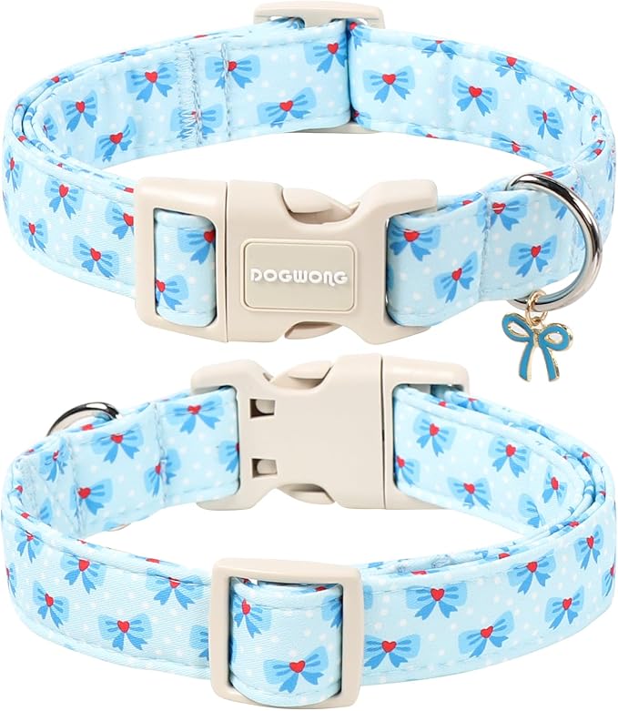 DOGWONG Blue Dog Collar, Cute Blue Boy Dog Collar Adjustable Soft Male Female Pet Dogs Collar Bowtie Printed Dog Collars for Medium Large Dogs