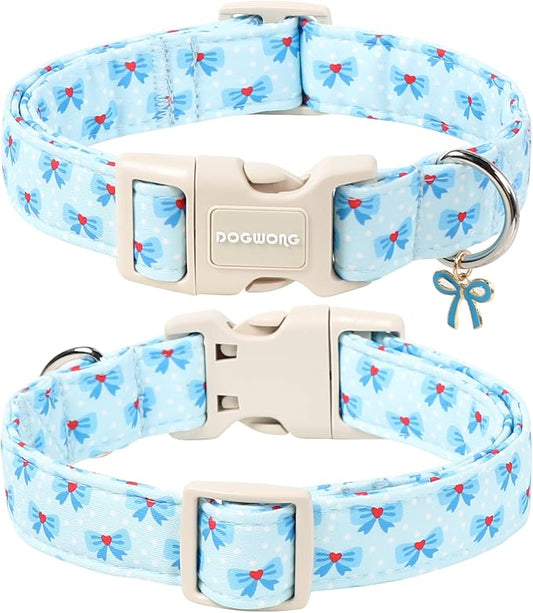 DOGWONG Blue Dog Collar, Cute Blue Boy Dog Collar Adjustable Soft Male Female Pet Dogs Collar Bowtie Printed Dog Collars for Medium Large Dogs
