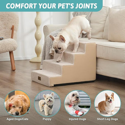 COZY KISS Dog Stairs for Small Dogs, 4 Tier Pet Stairs for Couch and Beds, 17.7" H Non-Slip Dog Steps for Old Cats, Puppy, Small Medium Dogs, 15.7x23.6x17.7 inch, Beige