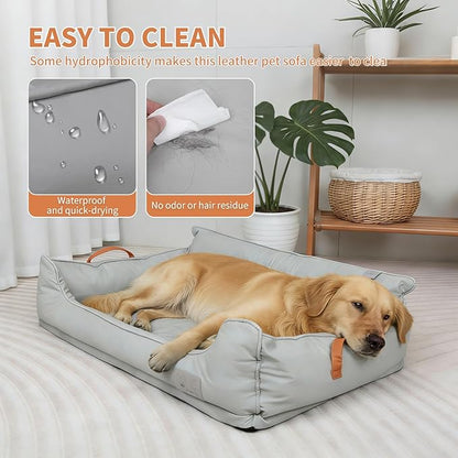 Removable Orthopedic Dog Beds for Large Dogs, Leather Memory Foam Dog Sofa Bed, Waterproof Durable Dogs Bed Couch with Non Skid Bottom for All Pet Sizes (Silver Gray, Large)