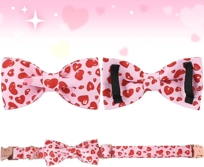 Valentines Dog Collar with Bow Tie, Cotton Pink Bowtie Dog Collar, Cute Red Heart Pet Collar with Metal Buckle Adjustable for Boys&Girls Dogs, Small