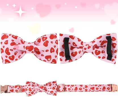 Valentines Dog Collar with Bow Tie, Cotton Pink Bowtie Dog Collar, Cute Red Heart Pet Collar with Metal Buckle Adjustable for Boys&Girls Dogs, X-Large