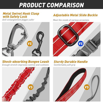 AUBELL Tactical Dog Leash Heavy Duty,4-6ft Reflective Strong No Pull Bungee Leash for Medium Large Dogs with Comfortable Padded Double Handle,Car Seat Belt,360 Degree Rotating Carabiner,Red