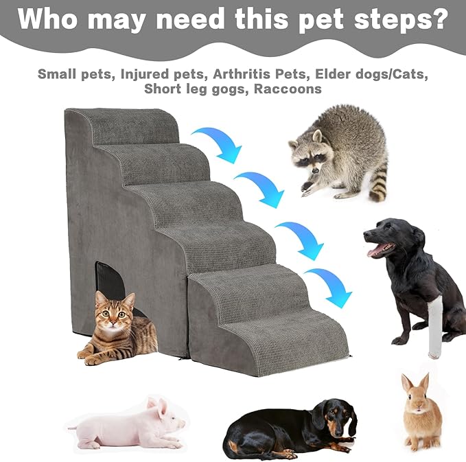 MALOROY Dog Stairs for High Beds 25-30 inches Tall, 6-Step Dog Steps for High Bed for Doggies/Kitties, 30D Foam Pet Stairs Steps for Small Dogs, Doggie Ramp/Ladder for Old Dogs/Cats, Grey