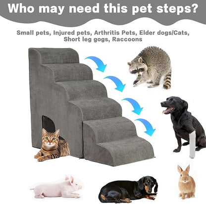 MALOROY Dog Stairs for High Beds 25-30 inches Tall, 6-Step Dog Steps for High Bed for Doggies/Kitties, 30D Foam Pet Stairs Steps for Small Dogs, Doggie Ramp/Ladder for Old Dogs/Cats, Grey