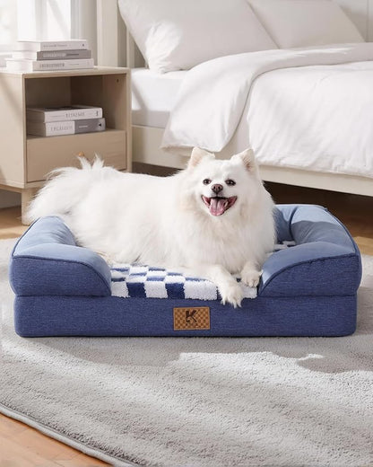 KSIIA Waterproof Dog Bed Orthopedic for Small Senior Dog Couch with Sides, Extra Thick Supportive Pet Bed Sofa with Soft Plush Cover and Non-Slip Bottom, 30 x 20 Inch, Blue