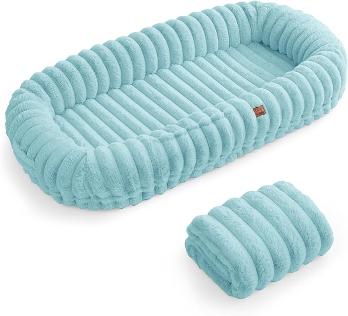 ChiXnuggle Human Dog Bed for Adult - Luxury Striped Faux Fur Giant Dog Bed with Portable Handle, Egg Orthopedic Foam Pad with Thick Blanket, 72"x40"x10", Blue
