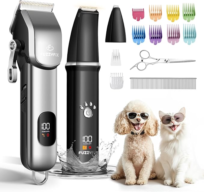 FuzzyFix Dog Grooming Kit, Dog Clippers for Grooming for Thick Curly Coats, Professional Pet Hair Shaver Paw Trimmer Cordless Rechargeable Low Noise for Dogs Cats Animals Face Ear