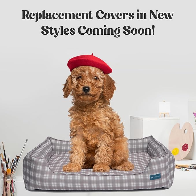 Pupstilo Orthopedic Bolster Dog Bed – CertiPUR-US Foam, Recycled Polyester Canvas, Washable Cover, Anti-Slip Bottom, Large, Grey Plaid – Stylish Designer Dog Sofa