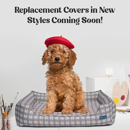 Pupstilo Orthopedic Bolster Dog Bed – CertiPUR-US Foam, Recycled Polyester Canvas, Washable Cover, Anti-Slip Bottom, Large, Grey Plaid – Stylish Designer Dog Sofa