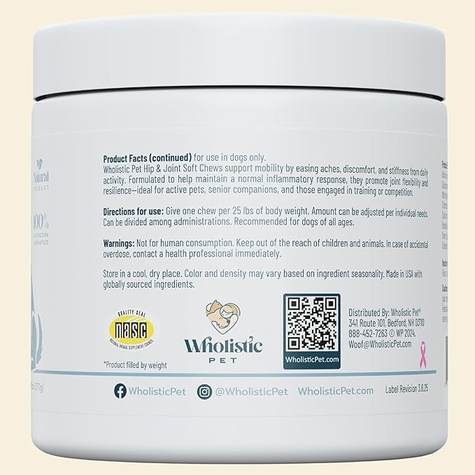 Wholistic Pet Hip & Joint Supplement for Dogs - MSM, Glucosamine, Chondroitin for Dogs - Dog Joint Supplement for Support & Relief from Discomfort - Bacon - 90 Mobility Chews